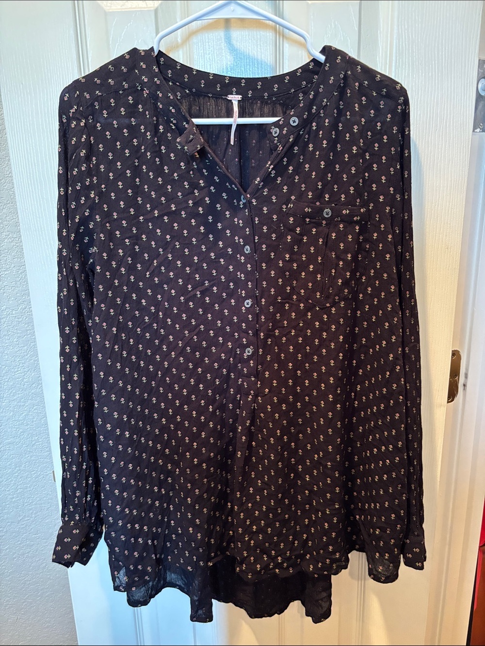 Free People Coal Combo Boho High Low Tunic Blouse Black Printed size XS